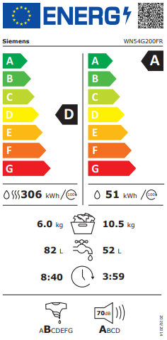 iQ500, Lave-linge séchant, 10.5/6 kg, 1400 trs/min SIEMENS WN54G200FR