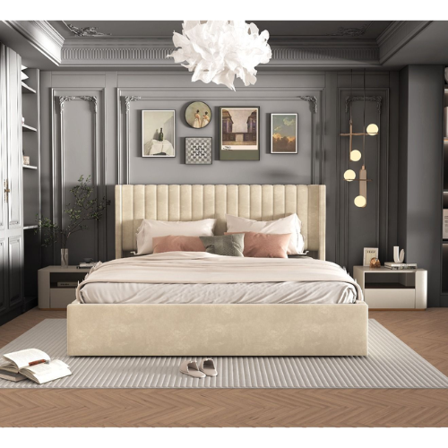 Lit Double Coffre Camille Velours Beige 140 x 190CM - vue 1