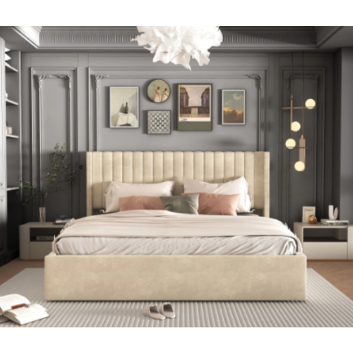 Lit Double Coffre Camille Velours Beige 140x190cm EURODESIGN L96BE140 - vue 1