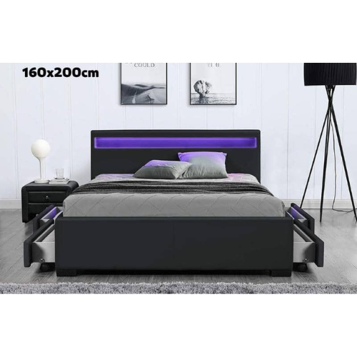LIT LED EN SIMILICUIR NOIR A TIROIRS 160x200 cm EURODESIGN 722N160 - vue 1