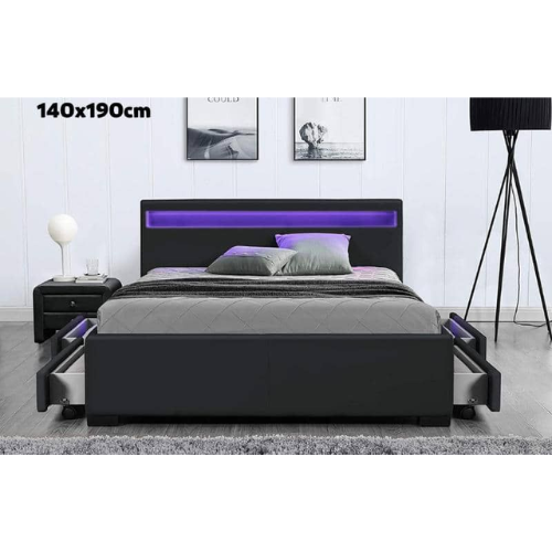 LIT LED EN SIMILICUIR NOIR A TIROIRS 140x190 cm EURODESIGN 722N140 - vue 1