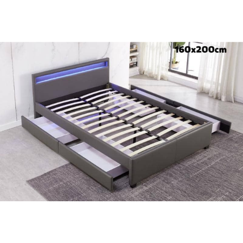 LIT LED EN SIMILICUIR GRIS A TIROIRS 160x200 cm EURODESIGN 722G160 - vue 1