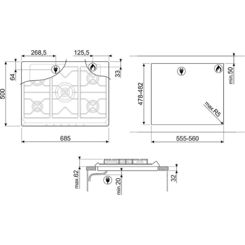 Table de cuisson 5 Feux 70 cm Gaz Crème SMEG SRV876POGH - vue 5