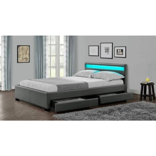 LIT LED EN SIMILICUIR GRIS A TIROIRS 160x200 cm EURODESIGN 722G160 - vue 2