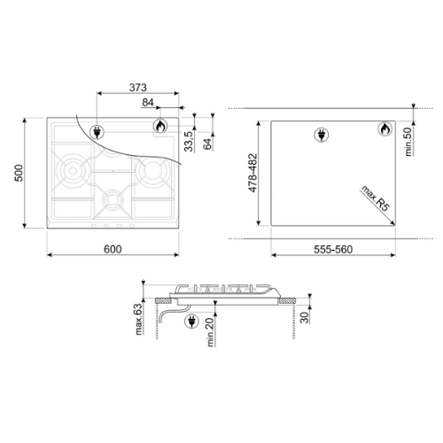 Table de cuisson 4 Feux 60cm GAZ Inox SMEG S60GHS - vue 5