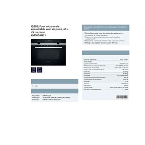 iQ500, Four combine micro-ondes avec hot air, 60 x 45 cm, Inox SIEMENS CM585AGS1 - vue 5