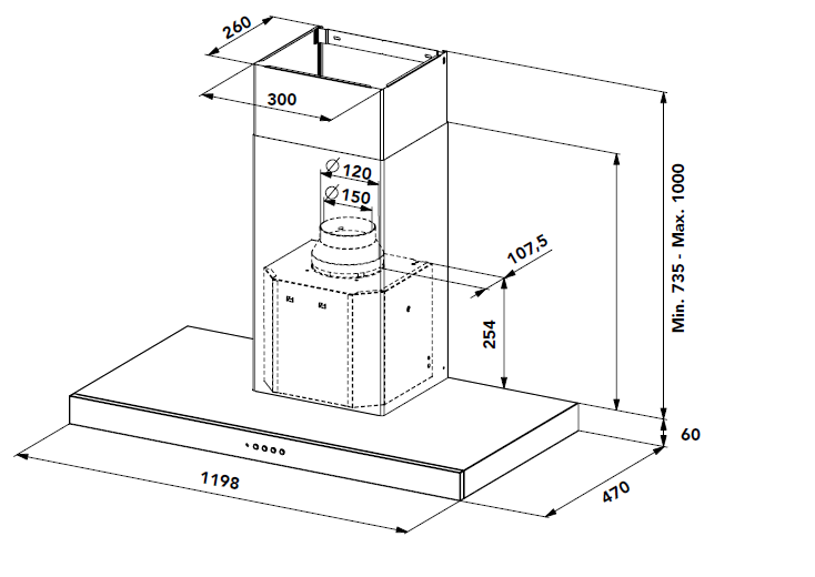 Airlux AHB1270IX Stainless Steel Wall-Mounted Decorative Box Cooker Hood, 220-240 V, 10 A, 50 Hz
