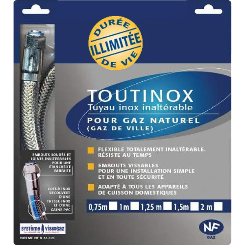 Flexible inox avec raccords à visser gaz naturel longueur 1.50M ADDAX RGV150