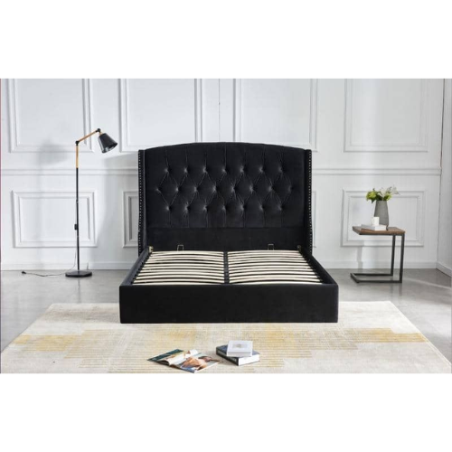 LIT COFFRE SULTAN CAPITONNE LOSANGE VELOURS NOIR 160x200 cm EURODESIGN 747N160