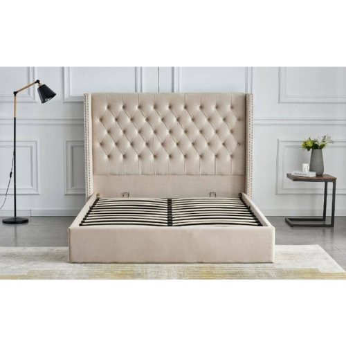 LIT DOUBLE CLOUTE CAPITONNE AVEC COFFRE VELOURS BEIGE 140x190 cm EURODESIGN 738BE140