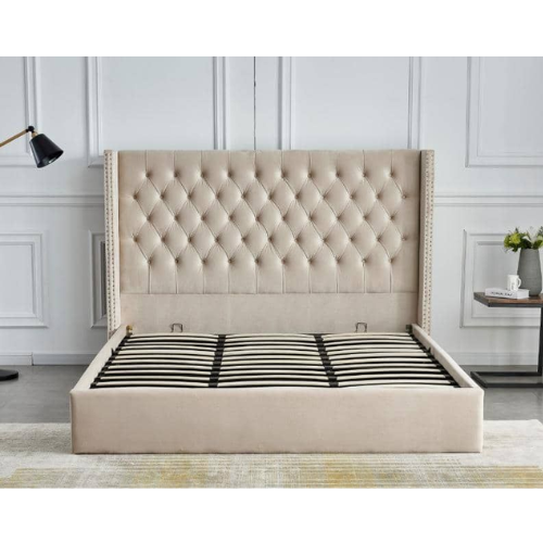 LIT DOUBLE CLOUTE CAPITONNE AVEC COFFRE VELOURS BEIGE 180x200 cm EURODESIGN 738BE180