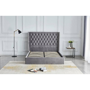 LIT DOUBLE CLOUTE CAPITONNE AVEC COFFRE VELOURS GRIS 140x190 cm EURODESIGN 738G140