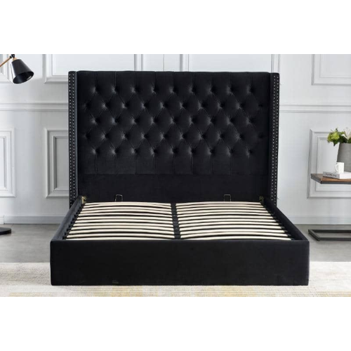 LIT DOUBLE CLOUTE CAPITONNE AVEC COFFRE VELOURS NOIR 160x200 cm EURODESIGN 738N160