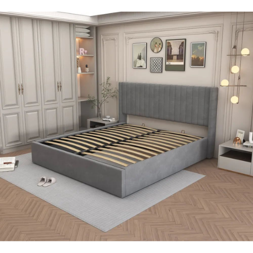 LIT DOUBLECOFFRE CAMILLE VELOURS GRIS 180x200CM EURODESIGN L96G180