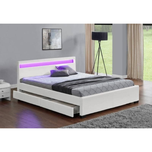 LIT LED EN SIMILICUIR BLANC A TIROIRS 140x190 cm EURODESIGN 722B140