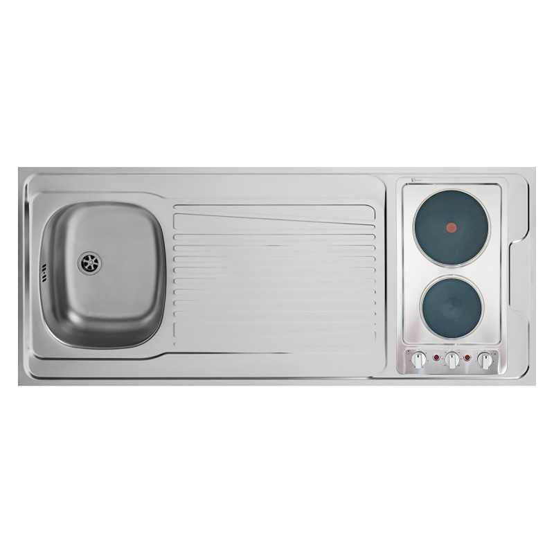 Kitchenette complète 140 cm + domino électrique avec minuteur + évier inox réversible + réfrigérateur top 4* 140M2P114DEM