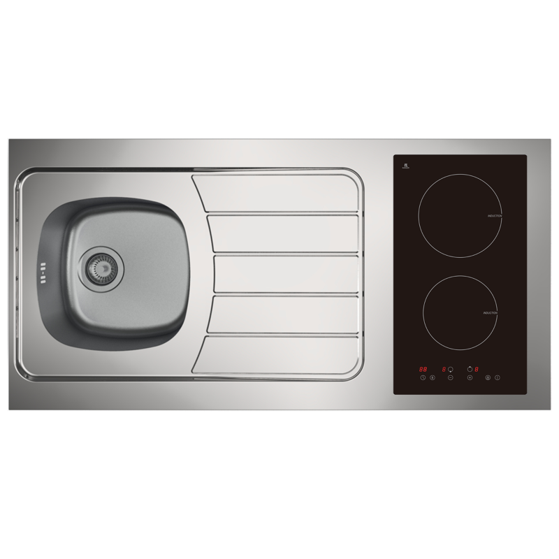 Kitchenette complète 120 cm + domino induction + évier inox réversible + réfrigérateur top 4*120M2P114DI