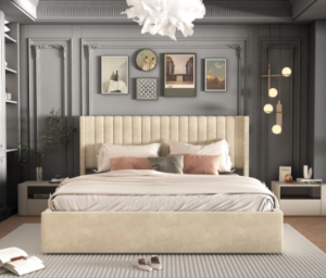 Lit Double Coffre Camille Velours Beige 140x190cm