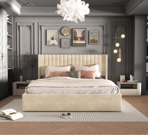 Lit Double Coffre Camille Velours Beige 140 x 190CM