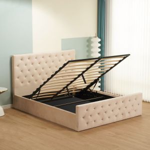 Lit Coffre Victoria Capitonne Avec Diamant Velours Beige 160X200 Cm EURODESIGN 717BE160