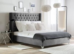 LIT DOUBLE CLOUTE CAPITONNE VELOURS GRIS 180x200 cm EURODESIGN 728G180