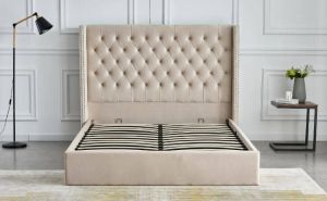 LIT DOUBLE CLOUTE CAPITONNE AVEC COFFRE VELOURS BEIGE 160x200 cm EURODESIGN 738BE160