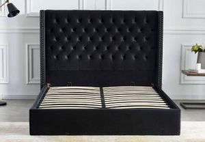 LIT DOUBLE CLOUTE CAPITONNE AVEC COFFRE VELOURS NOIR 160x200 cm EURODESIGN 738N160