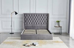 LIT DOUBLE CLOUTE CAPITONNE AVEC COFFRE VELOURS GRIS 140x190 cm EURODESIGN 738G140