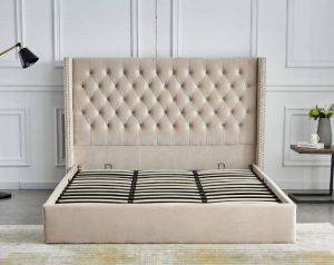 LIT DOUBLE CLOUTE CAPITONNE AVEC COFFRE VELOURS BEIGE 180x200 cm EURODESIGN 738BE180
