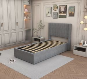 LIT SIMPLE COFFRE CAMILLE VELOURS GRIS 90x190CM EURODESIGN L96G90